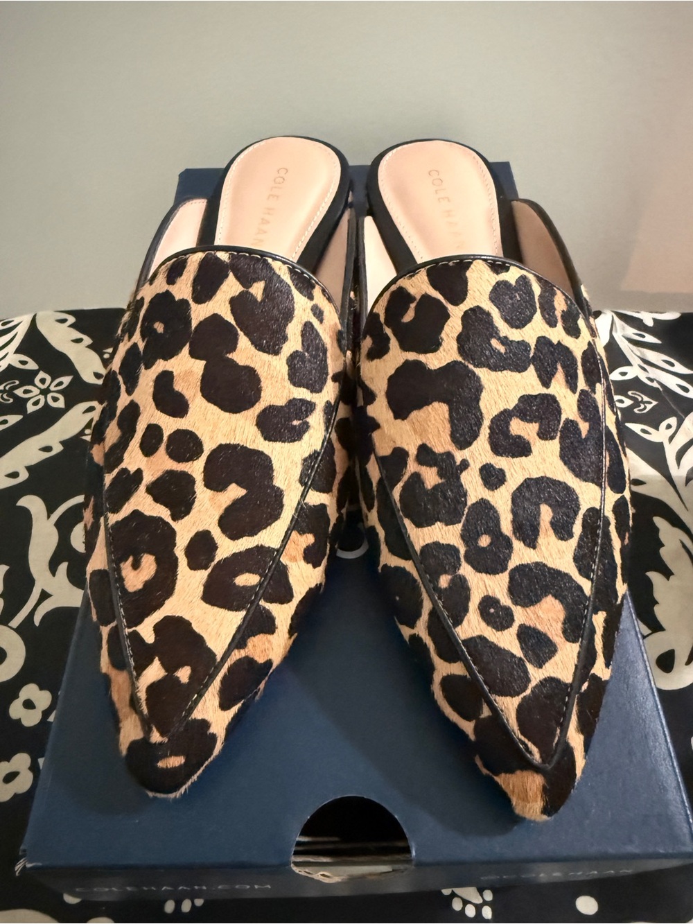 Cole Haan Leopard-Print Pointed Slip-On Mules in Tan and Black
